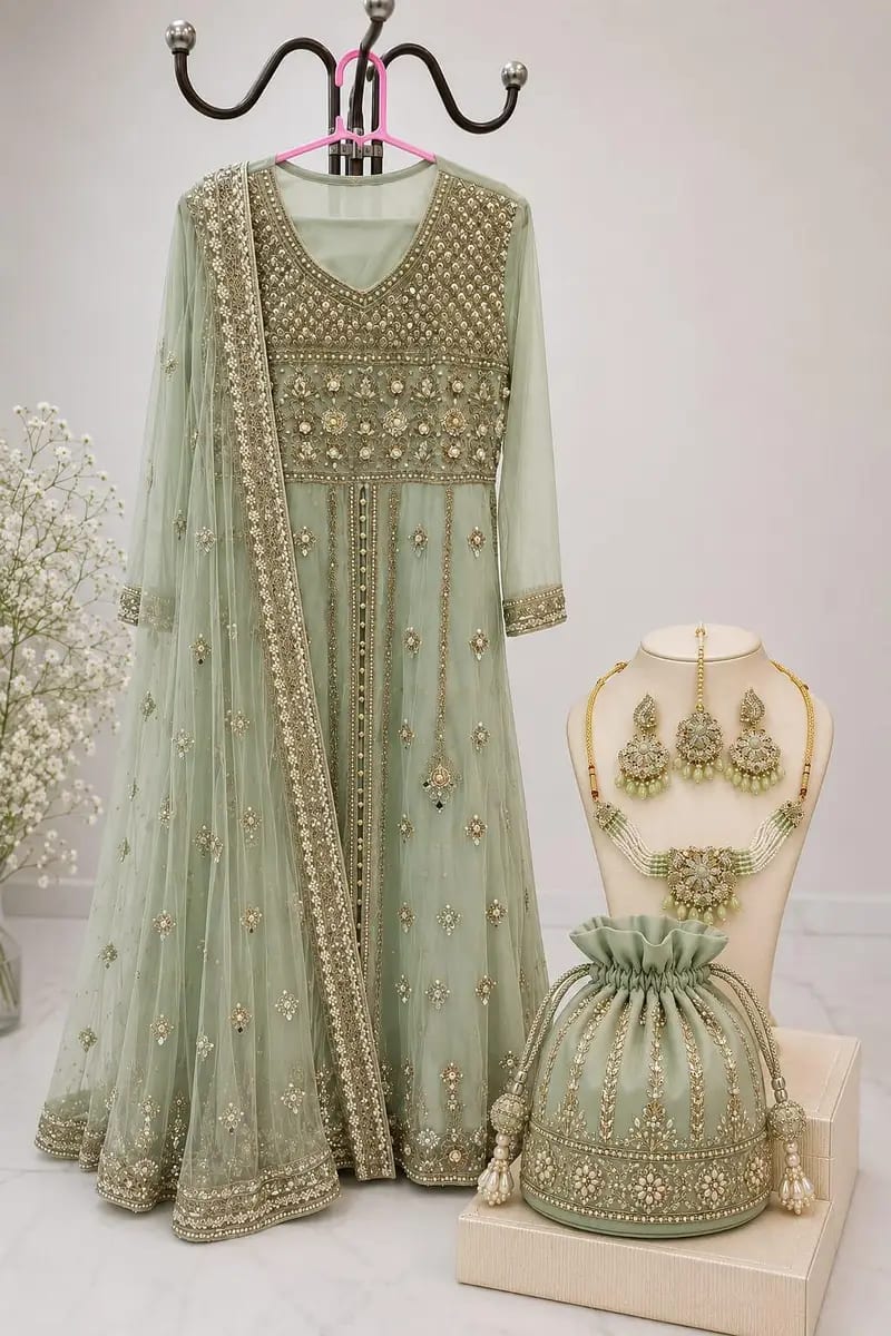 mint green bridal maxi with dupatta matching jewellery & potli — 1 / 1
