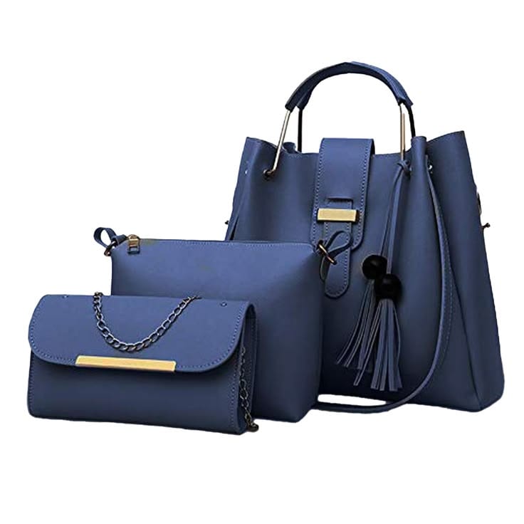 3 piece woman Rexine hand bag set navy pink gold hardware — 1 / 1