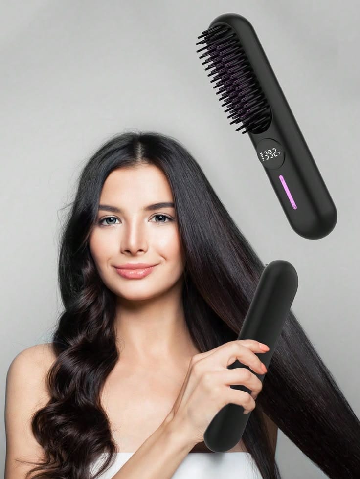 Hair Straightener Brush Black Metal Heat Control — 1 / 1