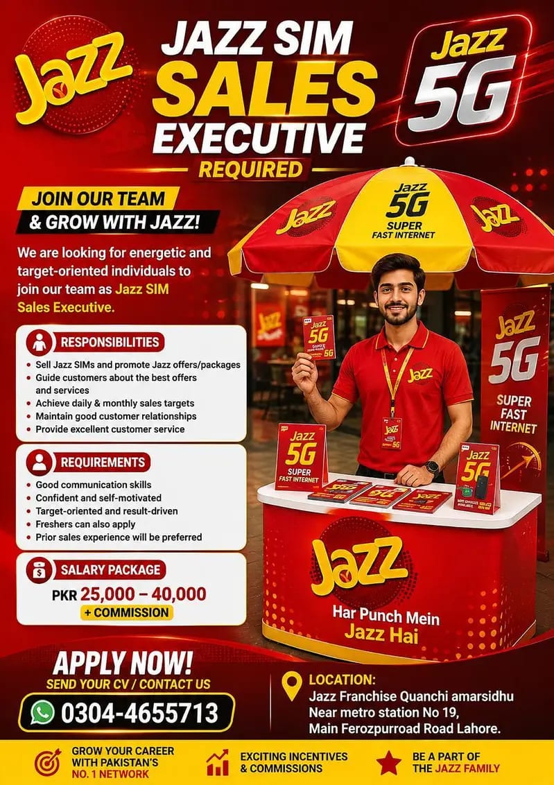 Jazz SIM Sales Executive & Office Boy – Hiring Now | Lahore — 1 / 1